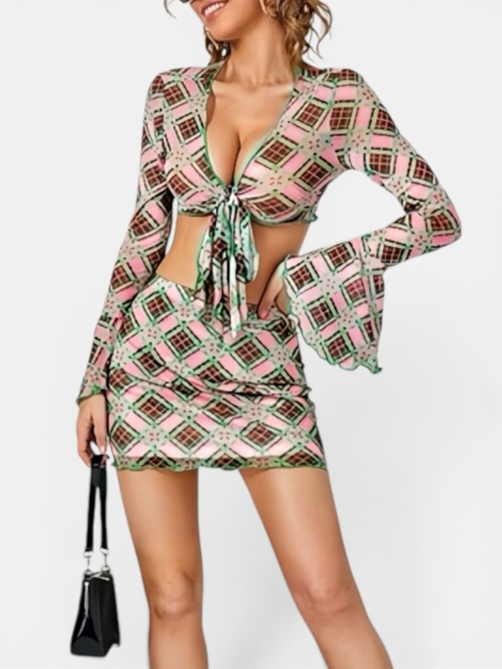 SHEIN Y2K Plaid Mesh 2 Piece Set Bell Sleeve Mini Skirt XS